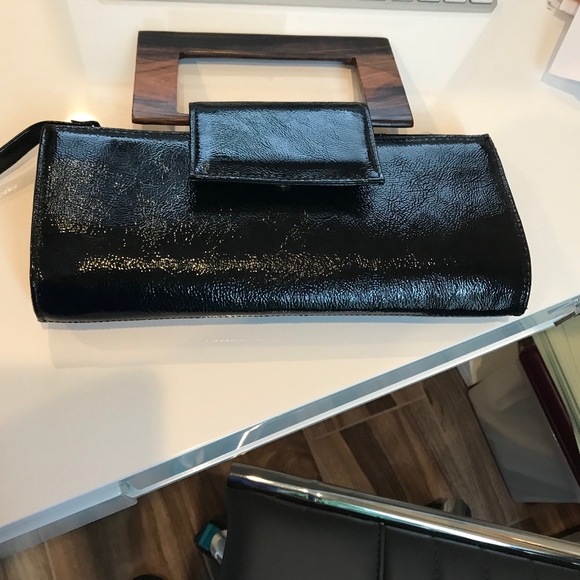 Zina Eva Handbags - Black Patent Leather Evening Bag w/ Wooden Handle Zina Eva Handbags - Black Patent Leather Evening Bag w/ Wooden Handle